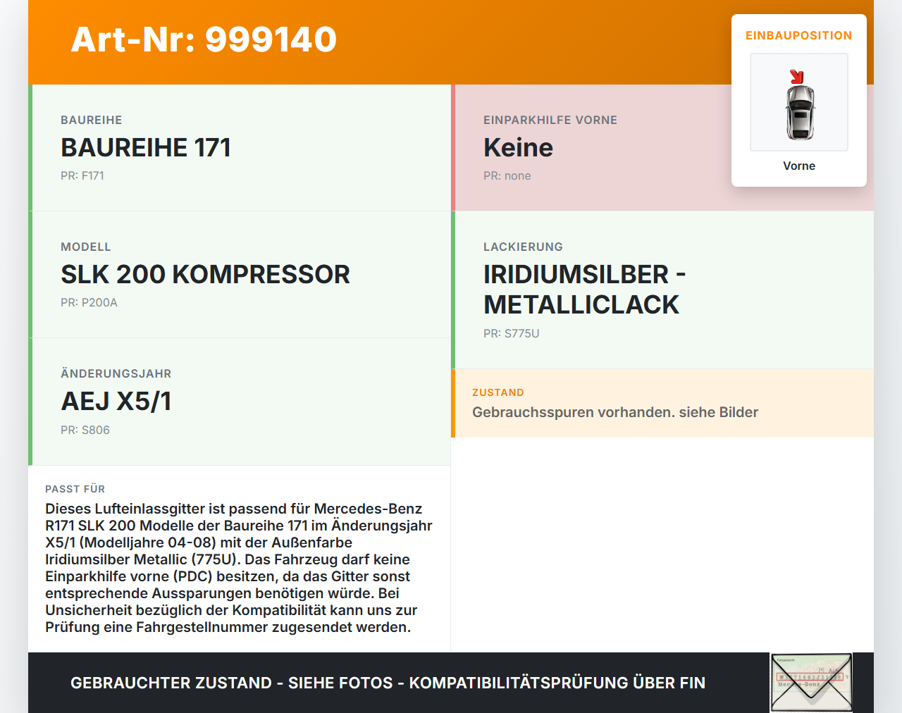 Mercedes R171 SLK 200 04-08 Lufteinlassgitter für Stoßstange Stoßfänger Vorne 775 Mercedes R171 SLK 200 04-08... Vorschau 3
