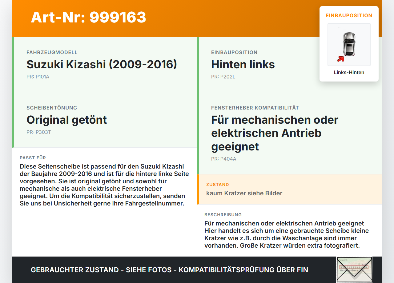 Suzuki Kizashi 09-16 Seitenscheibe LHK für Türscheibe Fenster Links Hinten Orig. getönt Suzuki Kizashi 09-16... Vorschau 3