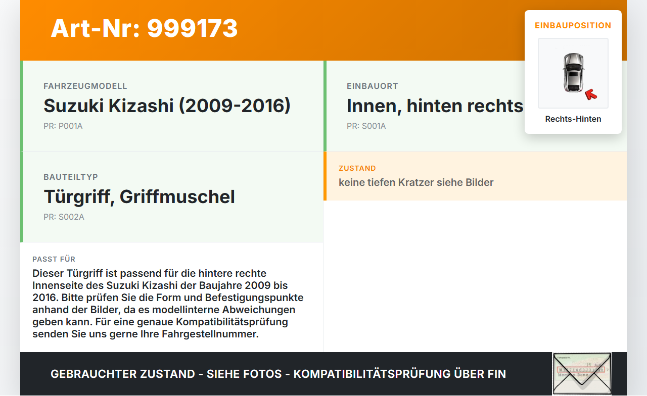 Suzuki Kizashi 09-16 Griff Griffmuschel Türgriff Innen Rechts Hinten Suzuki Kizashi 09-16 20.09.2012 gebraucht Vorschau 3