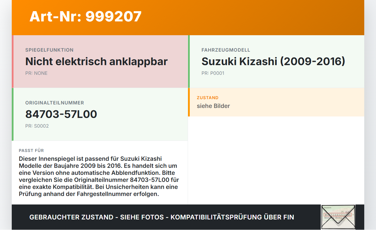 Suzuki Kizashi 09-16 Innenspiegel Rückspiegel Spiegel Innen Suzuki Kizashi 09-16 20.09.2012 84703-57L00 905-2319... Vorschau 3