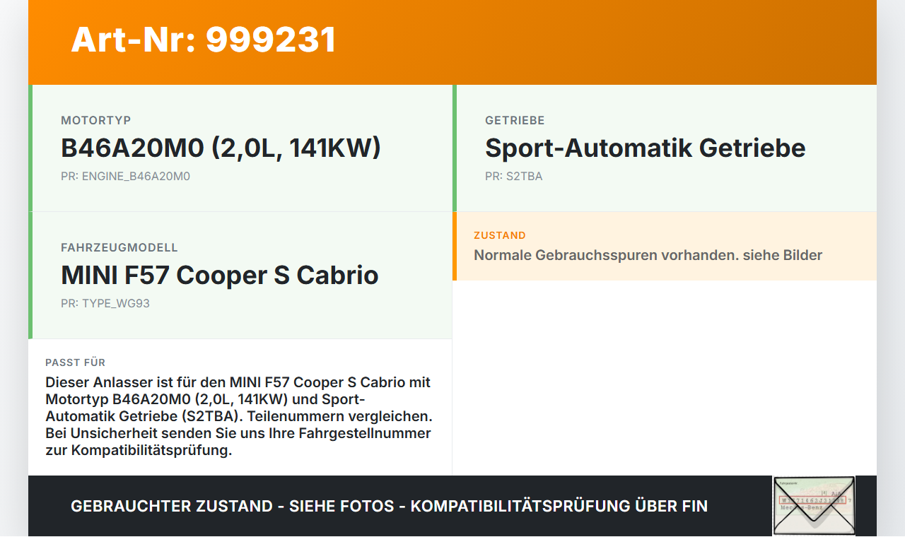 MINI F57 Cooper S 14-18 2,0 141KW Autom Anlasser Starter MINI F57 Cooper S 14-18 07.06.2017 7645979-06 438000-0474... Vorschau 3