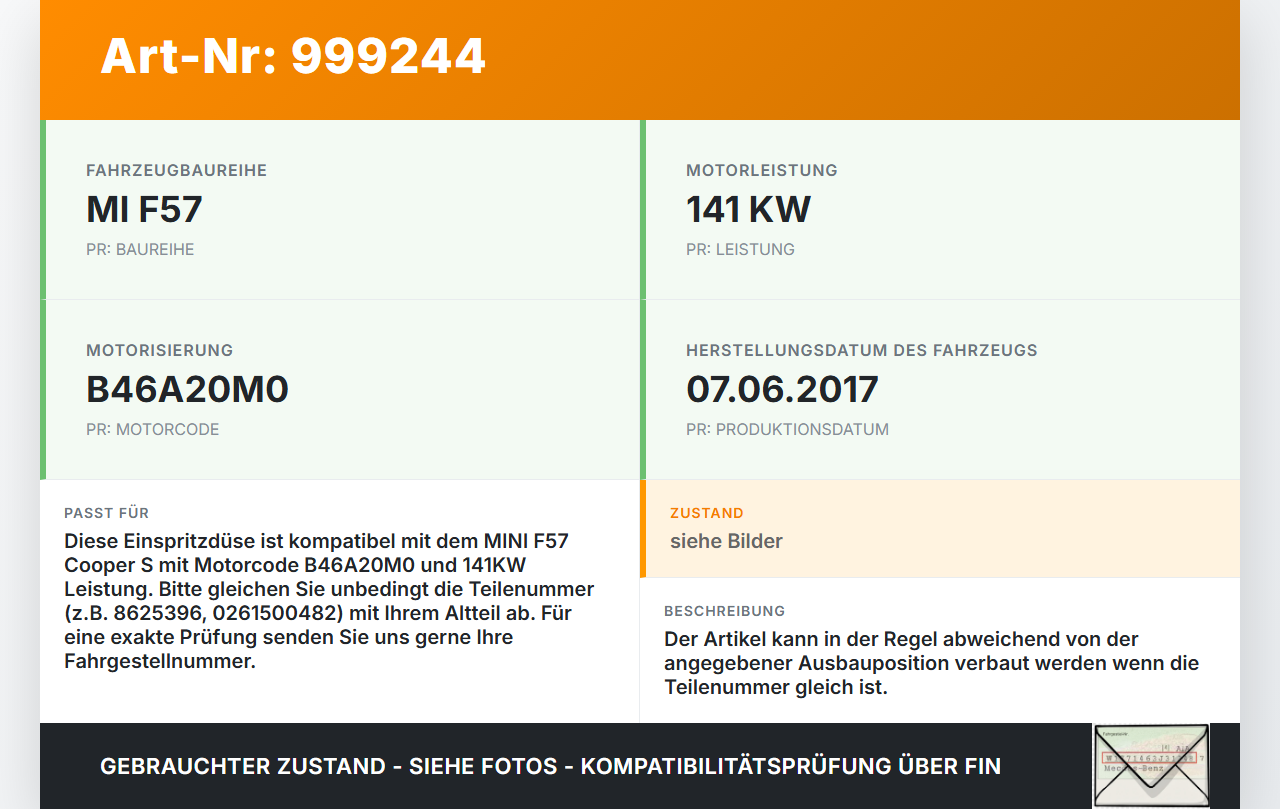 MINI F57 Cooper S 14-18 2,0 141KW Einspritzdüse Einspritzventil Zyl.4 MINI F57 Cooper S 14-18 07.06.2017... Vorschau 3