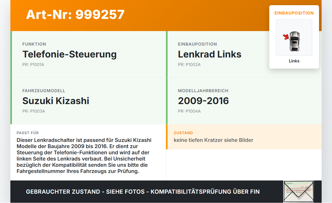 Suzuki Kizashi 09-16 Lenkradschalter Telefonie Schalter für Lenkrad Links Suzuki Kizashi 09-16 20.09.2012 gebraucht Vorschau 3