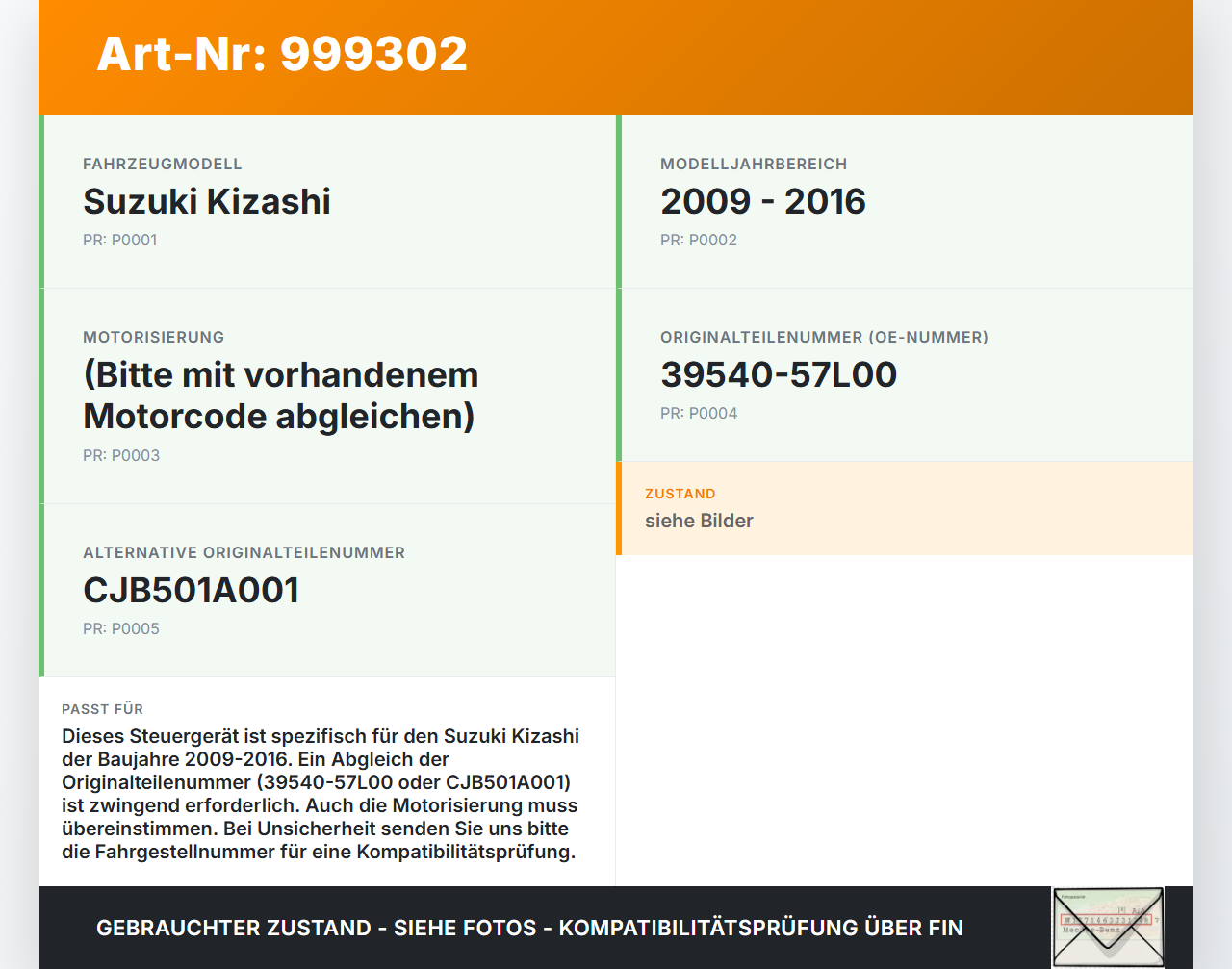 Suzuki Kizashi 09-16 Steuergerät ECU Modul Suzuki Kizashi 09-16 20.09.2012 39540-57L00 CJB501A001 gebraucht Vorschau 3