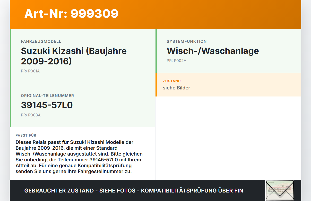 Suzuki Kizashi 09-16 Relais Wisch Wasch Modul SG Suzuki Kizashi 09-16 20.09.2012 39145-57L0 gebraucht Vorschau 3