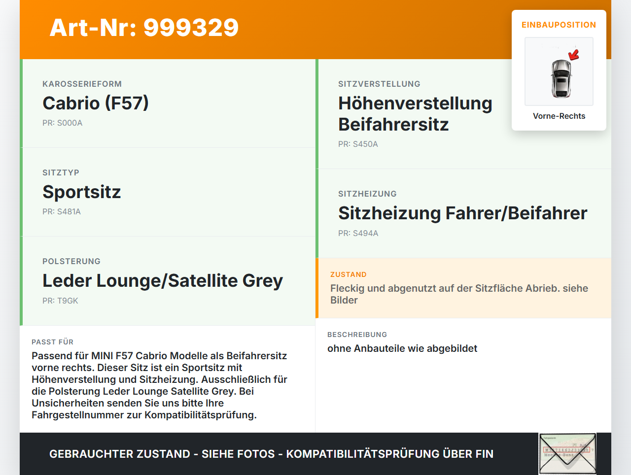 MINI F57 Cooper S 14-18 Cabrio Beheizt Sitz Beifahrersitz Vorne Rechts Leder Lounge satellite-grey MINI F57 Cooper... Vorschau 3