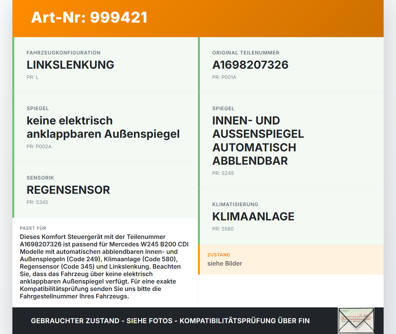 Mercedes W245 B200 06-08 Komfort Steuergerät SG Modul Mercedes W245 B200 06-08 13.12.2006 A1698207326 05072342 gebraucht Vorschau 3