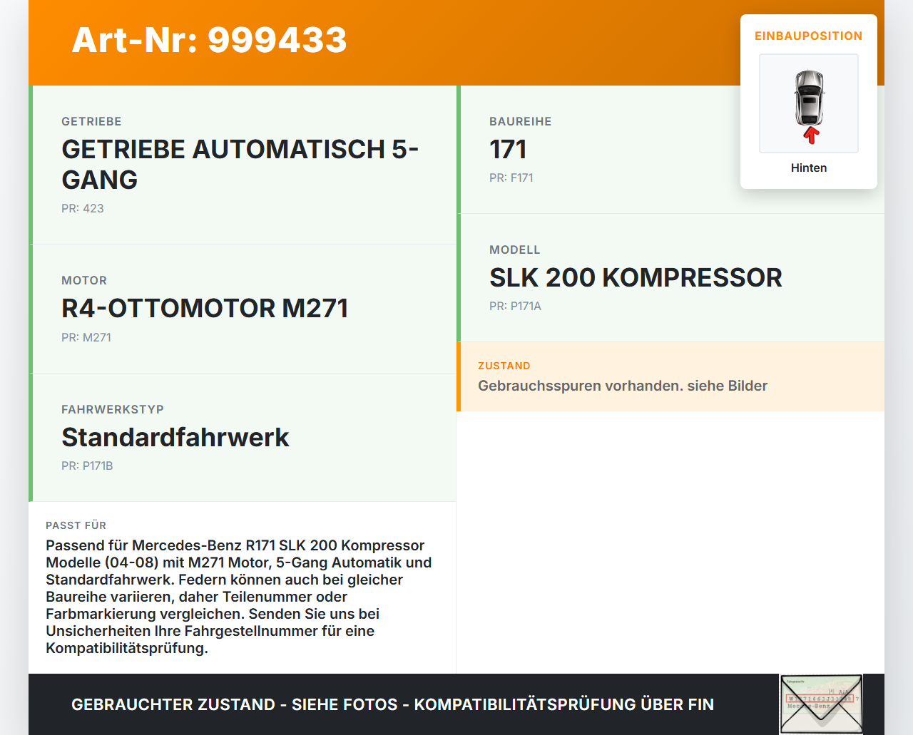 Mercedes R171 SLK 200 04-08 Cabrio Beide Feder Federn Hinten Mercedes R171 SLK 200 04-08 03.08.2005 A2023242504... Vorschau 3