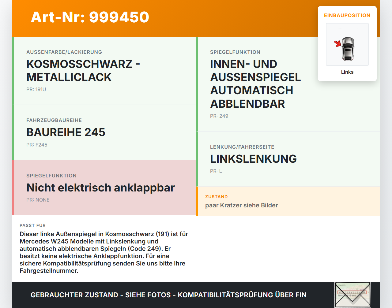 Mercedes W245 B200 06-08 Spiegel Aussenspiegel Links  191 Mercedes W245 B200 06-08 13.12.2006 A1718100576 gebraucht Vorschau 3