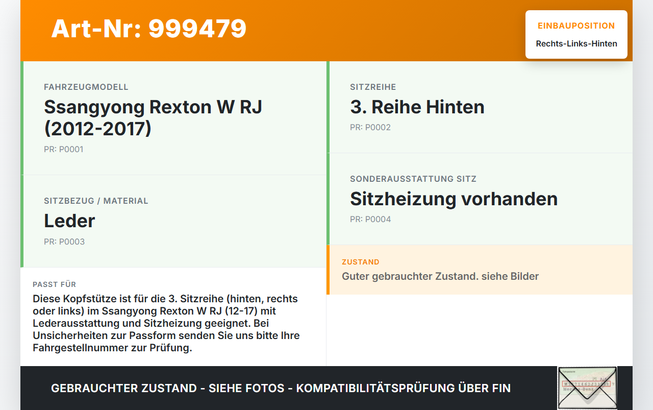 Ssangyong Rexton W RJ 12-17 Kopfstütze Rechts oder Links 3 Reihe Hinten Ssangyong Rexton W RJ 12-17 07.09.2016 gebraucht Vorschau 3