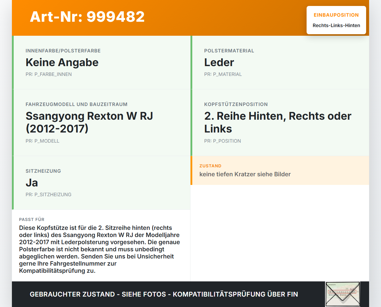 Ssangyong Rexton W RJ 12-17 Kopfstütze Rechts oder Links 2. reihe Hinten Ssangyong Rexton W RJ 12-17 07.09.2016... Vorschau 3