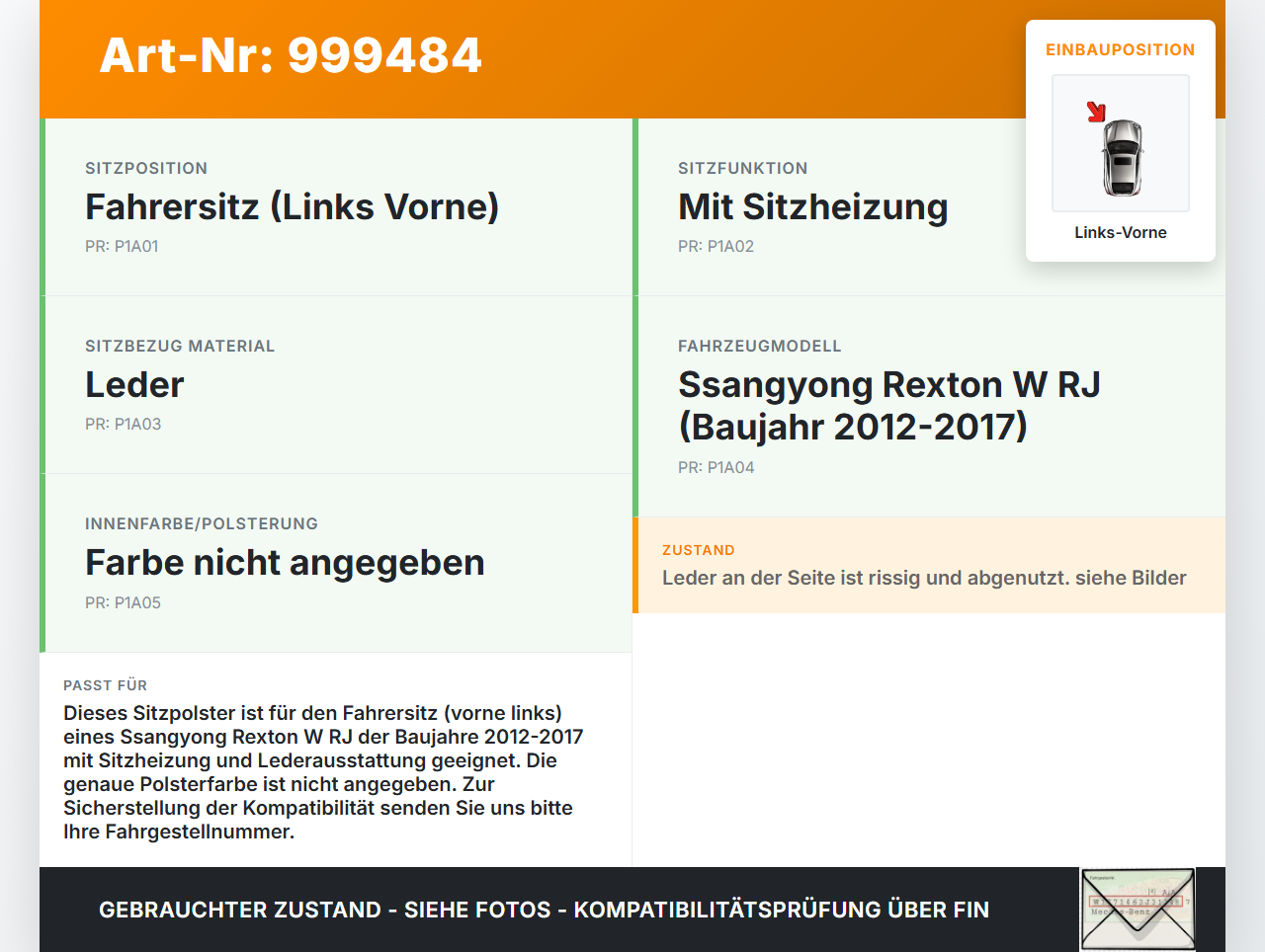 Ssangyong Rexton W RJ 12-17 Sitzbezug Sitzpolster für Fahrersitz Sitz Links Vorne beheizt Ssangyong Rexton W RJ... Vorschau 3