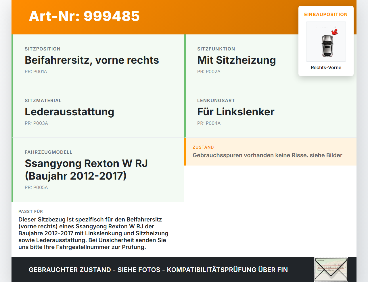 Ssangyong Rexton W RJ 12-17 Sitzbezug Sitzpolster für Beifahrersitz Rechts Vorne beheizt Ssangyong Rexton W RJ... Vorschau 3