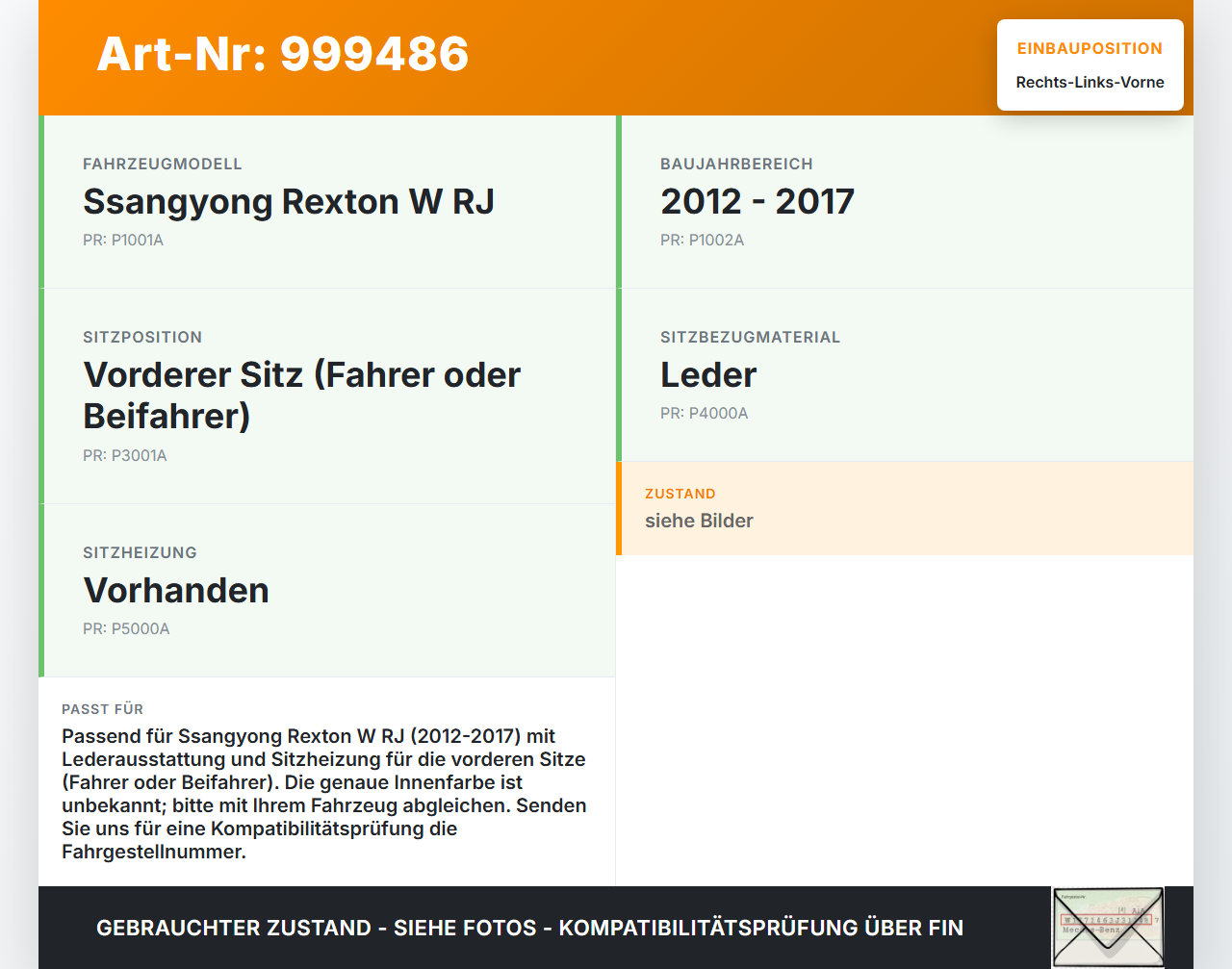 Ssangyong Rexton W RJ 12-17 Kopfstütze für Fahrer Sitz Rechts oder Links Vorne Ssangyong Rexton W RJ 12-17... Vorschau 3