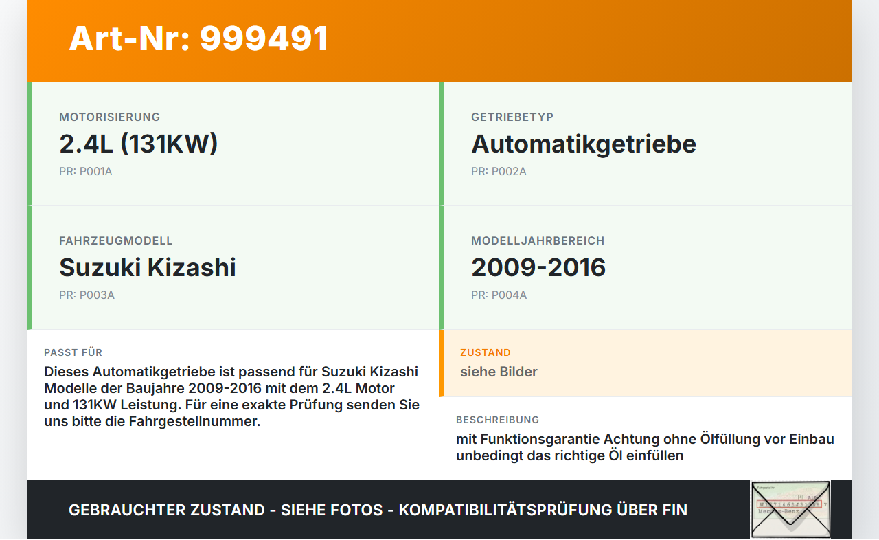 Suzuki Kizashi 09-16 2,4 131KW Autom Automatikgetriebe Getriebe Suzuki Kizashi 09-16 20.09.2012 gebraucht Vorschau 3