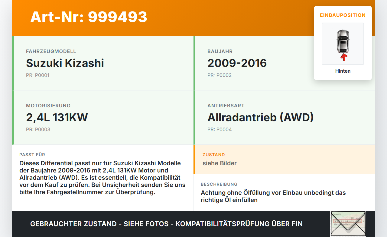 Suzuki Kizashi 09-16 2,4 131KW Differential Hinterachsgetriebe Hinten Suzuki Kizashi 09-16 20.09.2012 gebraucht Vorschau 3