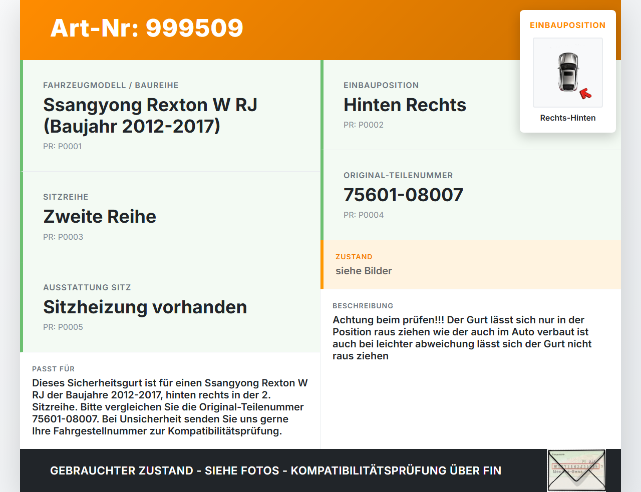 Ssangyong Rexton W RJ 12-17 Gurt Sicherheitsgurt Rechts Hinten 2.Reihe Ssangyong Rexton W RJ 12-17 07.09.2016... Vorschau 3