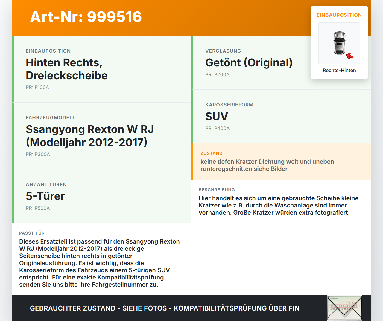 Ssangyong Rexton W RJ 12-17 Seitenscheibe Dreieck Scheibe Rechts Hinten Orig. getönt Ssangyong Rexton W RJ 12-17... Vorschau 3