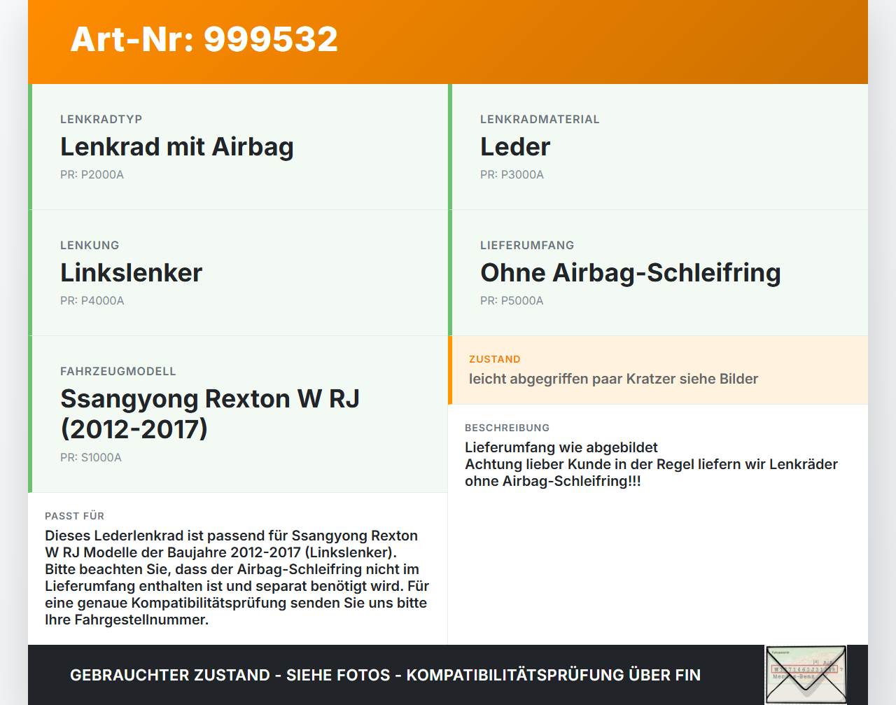 Ssangyong Rexton W RJ 12-17 Lenkrad Airbaglenkrad Ssangyong Rexton W RJ 12-17 07.09.2016 86200-08150 gebraucht Vorschau 3