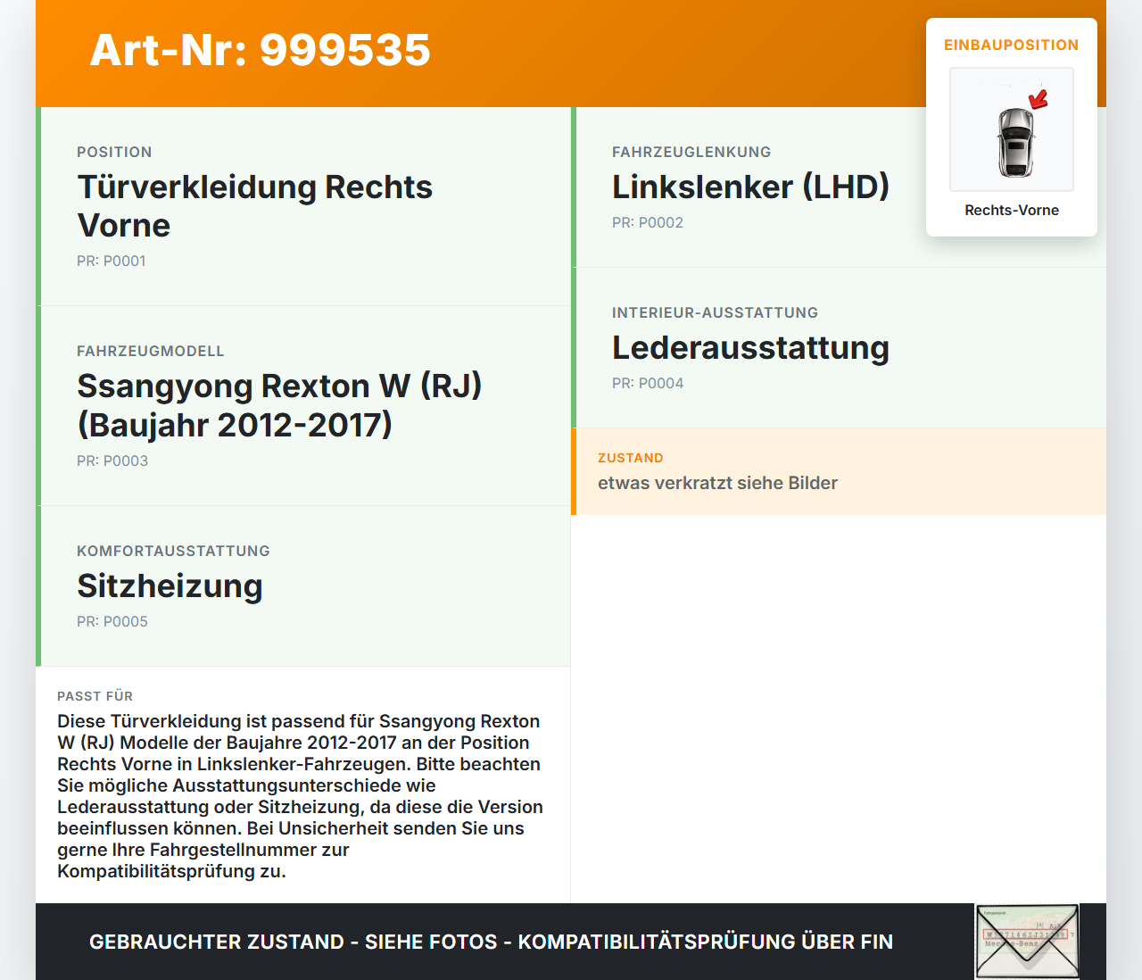 Ssangyong Rexton W RJ 12-17 Türverkleidung Türpappe Rechts Vorne Ssangyong Rexton W RJ 12-17 07.09.2016 gebraucht Vorschau 3