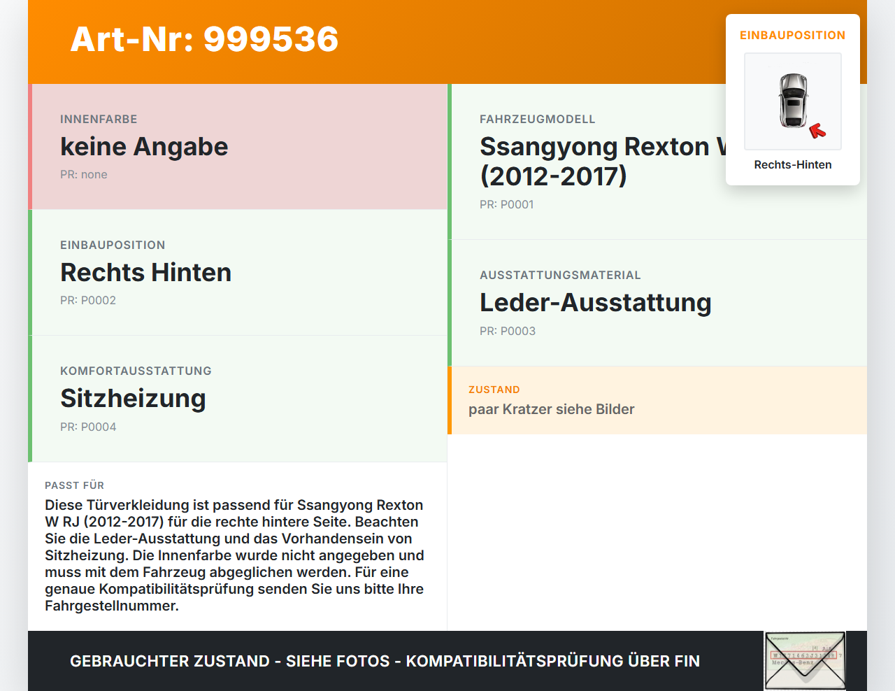 Ssangyong Rexton W RJ 12-17 Türverkleidung Türpappe Rechts Hinten Ssangyong Rexton W RJ 12-17 07.09.2016 gebraucht Vorschau 3