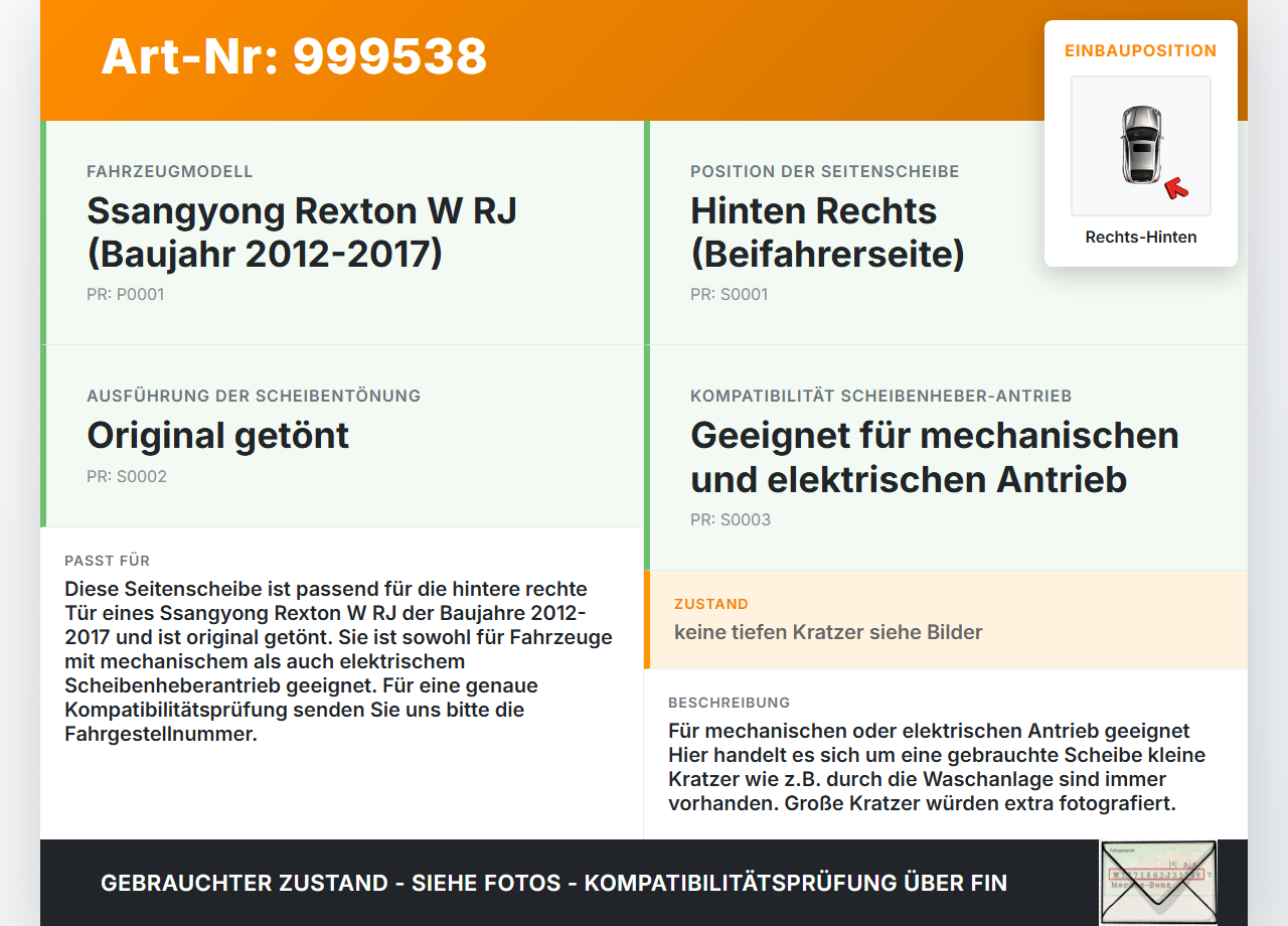 Ssangyong Rexton W RJ 12-17 Seitenscheibe RHK Türscheibe Rechts Hinten Orig. getönt Ssangyong Rexton W RJ 12-17... Vorschau 3