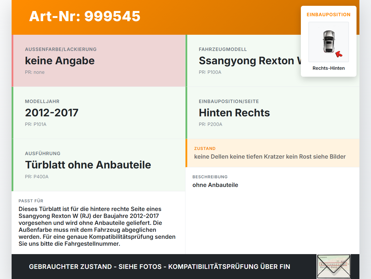 Ssangyong Rexton W RJ 12-17 Tür Rechts Hinten 0AT Ssangyong Rexton W RJ 12-17 07.09.2016 gebraucht Vorschau 3