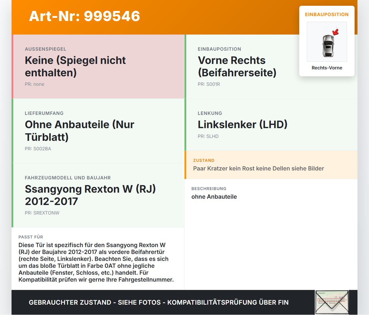 Ssangyong Rexton W RJ 12-17 Tür Beifahrertür Rechts Vorne 0AT Ssangyong Rexton W RJ 12-17 07.09.2016 gebraucht Vorschau 3