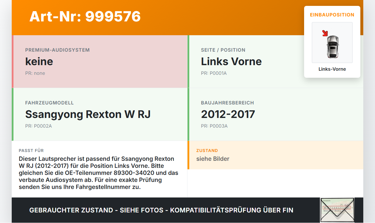 Ssangyong Rexton W RJ 12-17 Lautsprecher Links Vorne Ssangyong Rexton W RJ 12-17 07.09.2016 89300-34020 gebraucht Vorschau 3