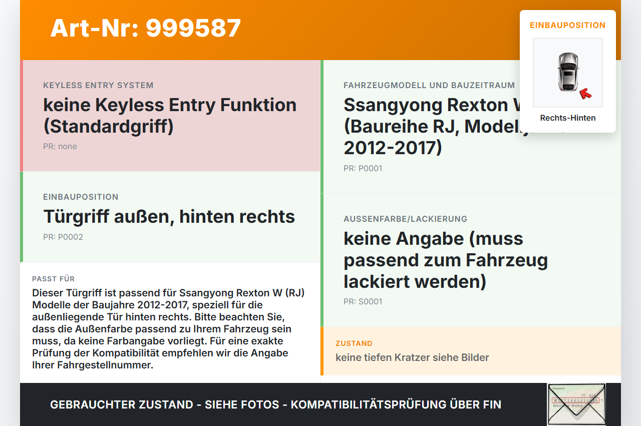 Ssangyong Rexton W RJ 12-17 Türgriff Griff aussen Rechts Hinten 0AT Ssangyong Rexton W RJ 12-17 07.09.2016 gebraucht Vorschau 3
