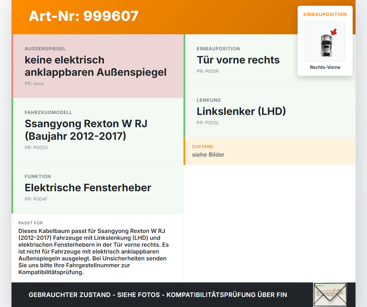 Ssangyong Rexton W RJ 12-17 Kabelbaum für Tür und Fensterheber Rechts Vorne Ssangyong Rexton W RJ 12-17 07.09.2016... Vorschau 3