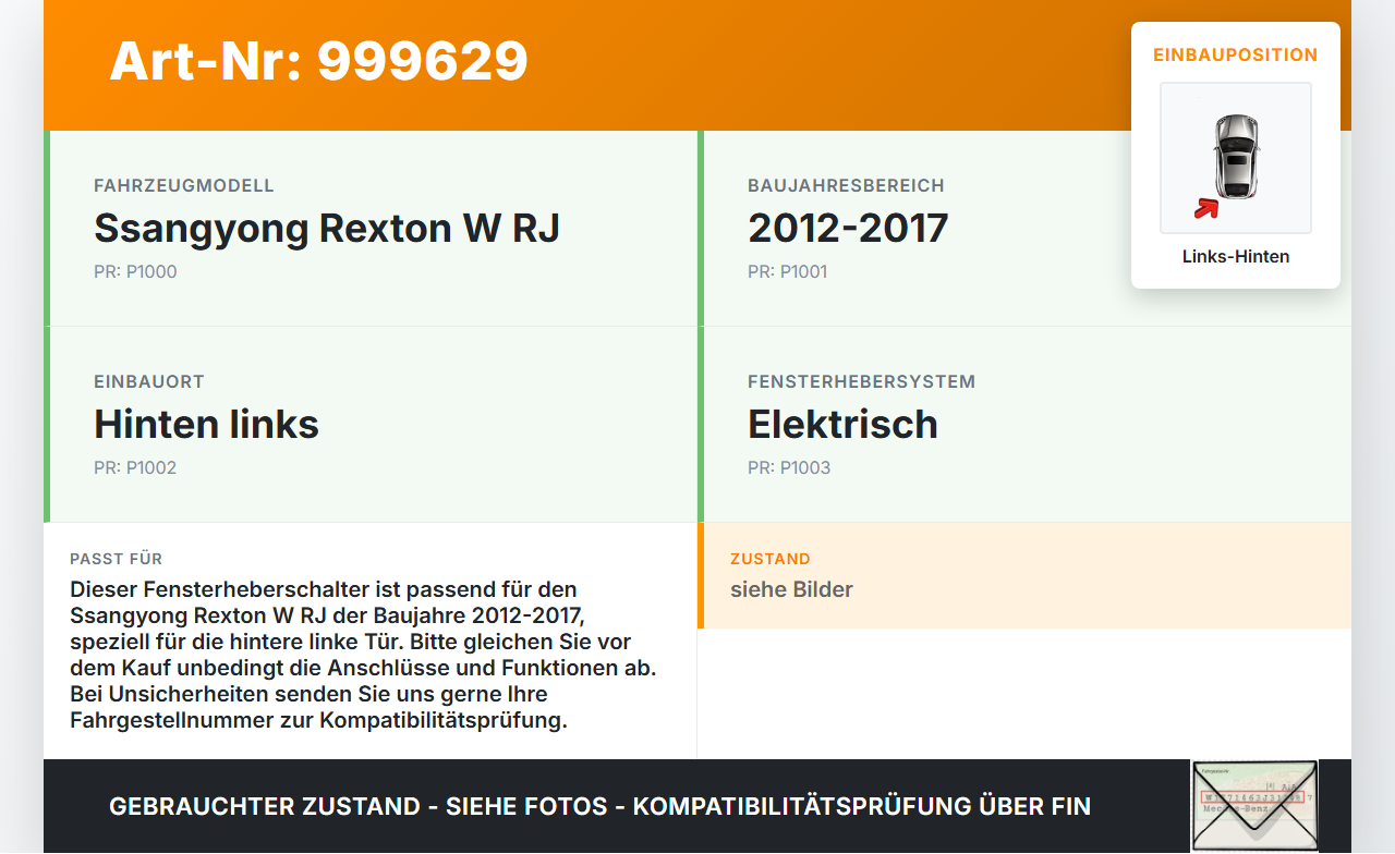 Ssangyong Rexton W RJ 12-17 Fensterheberschalter Schalter Links Hinten Ssangyong Rexton W RJ 12-17 07.09.2016 gebraucht Vorschau 3