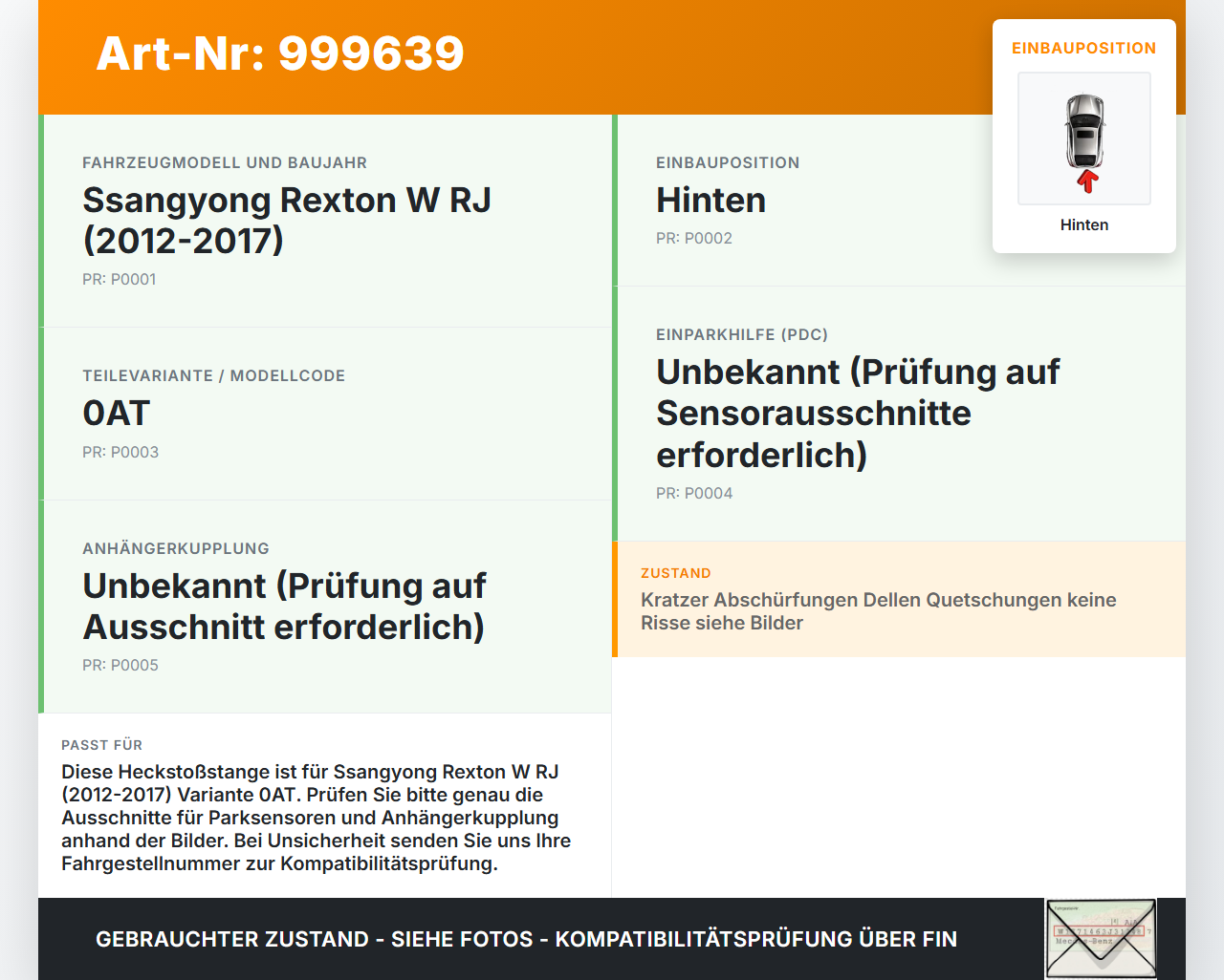 Ssangyong Rexton W RJ 12-17 Stoßstange Stoßfänger Heckstosstange Hinten 0AT Ssangyong Rexton W RJ 12-17 07.09.2016... Vorschau 3