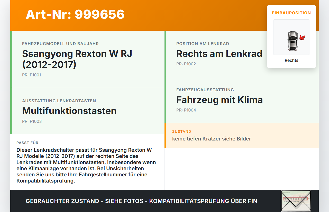 Ssangyong Rexton W RJ 12-17 Lenkradschalter Multifunktionstasten Schalter für Lenkrad Rechts Ssangyong Rexton W RJ... Vorschau 3
