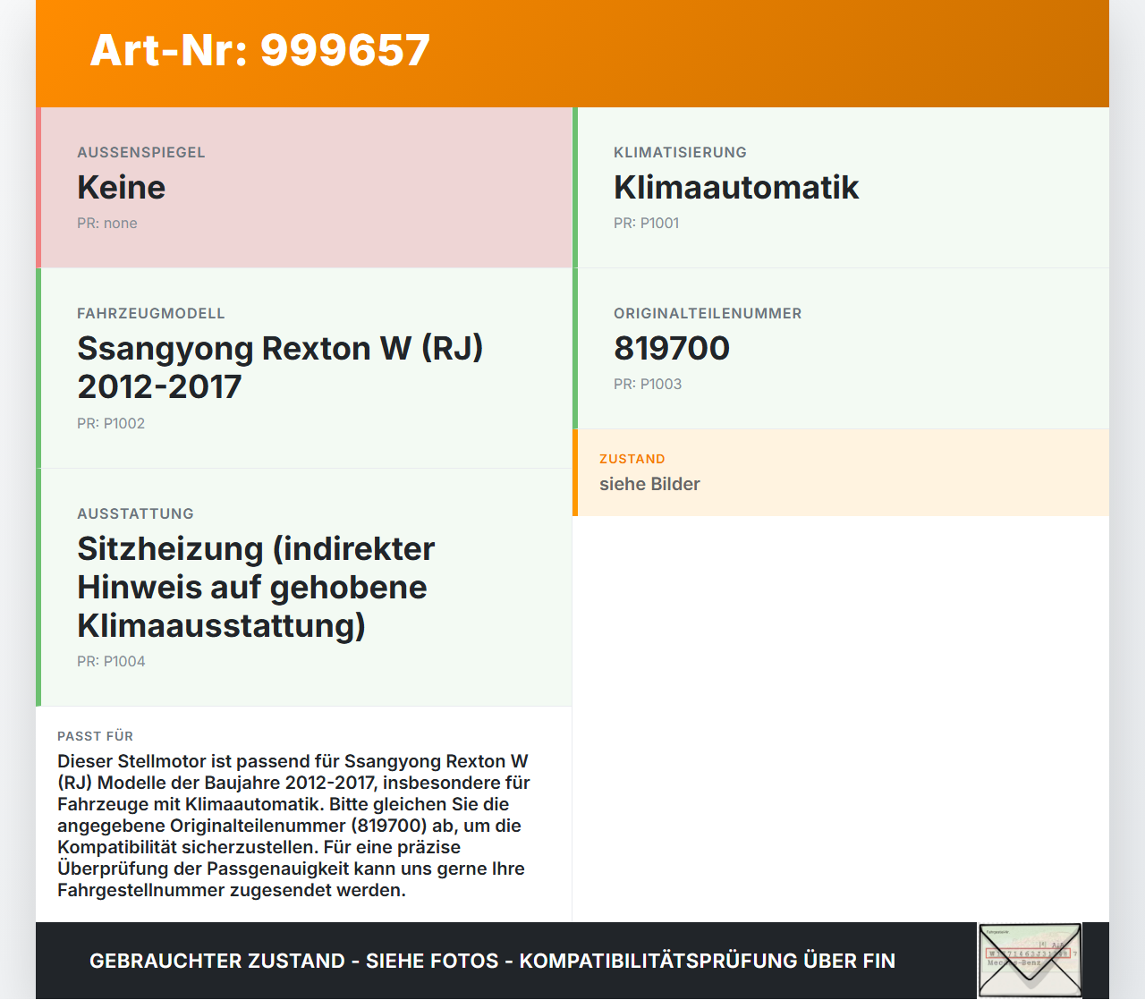 Ssangyong Rexton W RJ 12-17 Stellmotor für Heizung Gebläse Ssangyong Rexton W RJ 12-17 07.09.2016 819700 gebraucht Vorschau 3