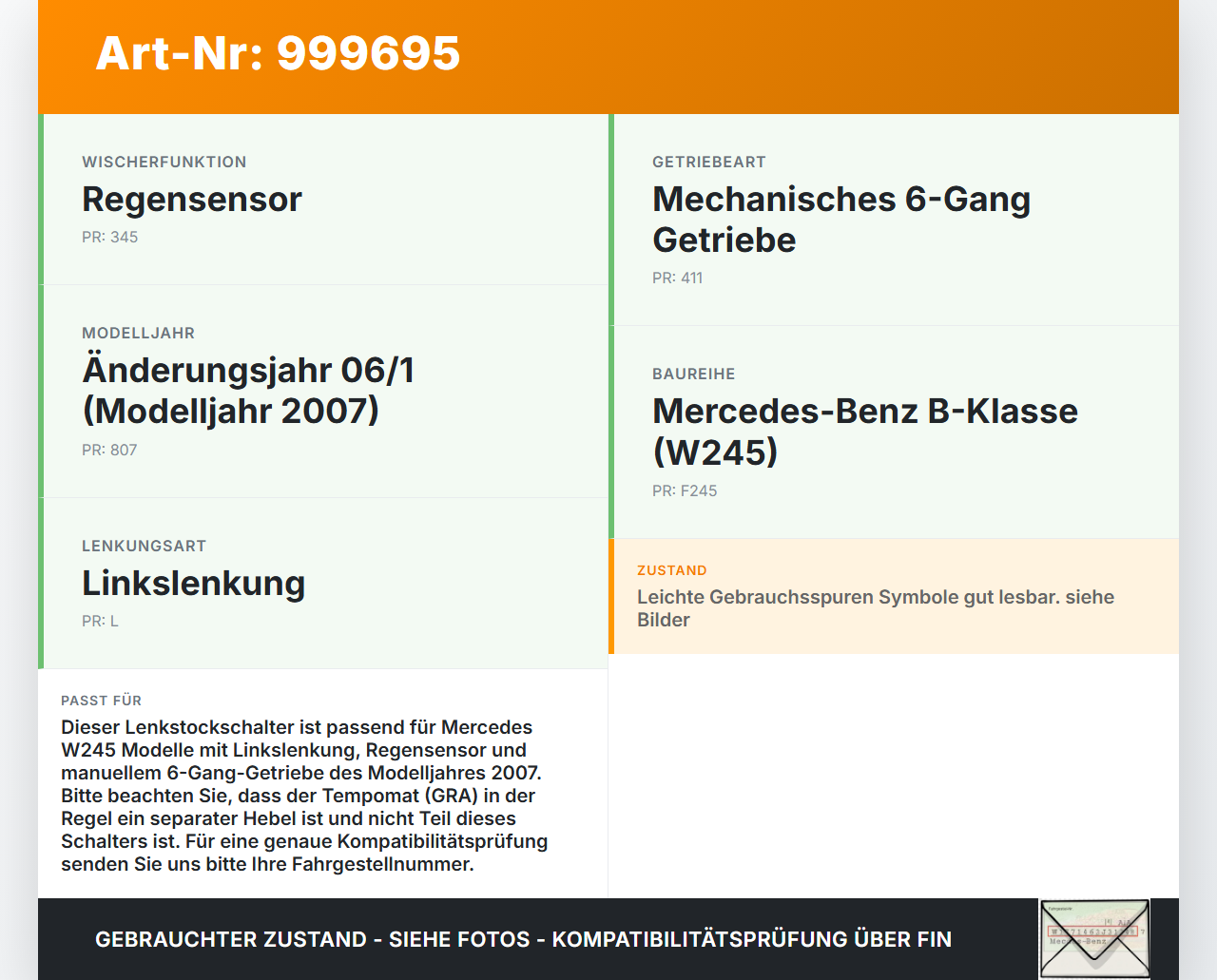 Mercedes W245 B200 06-08 Lenkstockschalter Blinker Wischer Kombischalter Mercedes W245 B200 06-08 13.12.2006... Vorschau 3