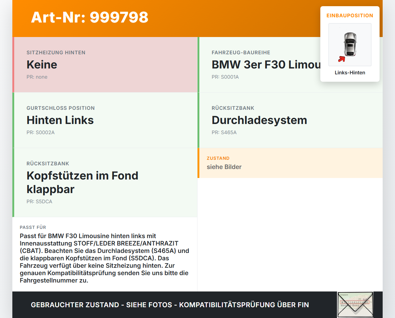 BMW F30 3er 316i 12-15 Lim Gurtschloss Links Hinten BMW F30 3er 316i 12-15 09.10.2013 72117259397 7259397... Vorschau 3