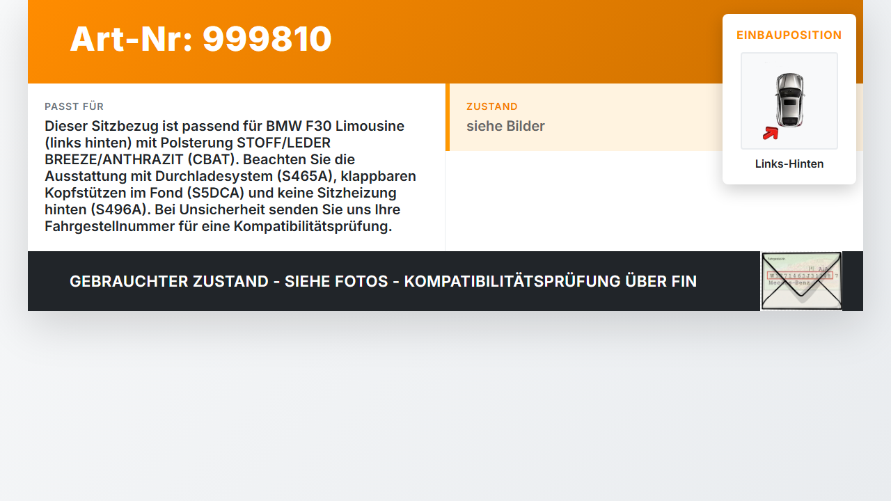 BMW F30 3er 316i 12-15 Lim Sitzbezug Rückenpolster Links für Rücksitzbank Hinten BMW F30 3er 316i 12-15 09.10.2013... Vorschau 3