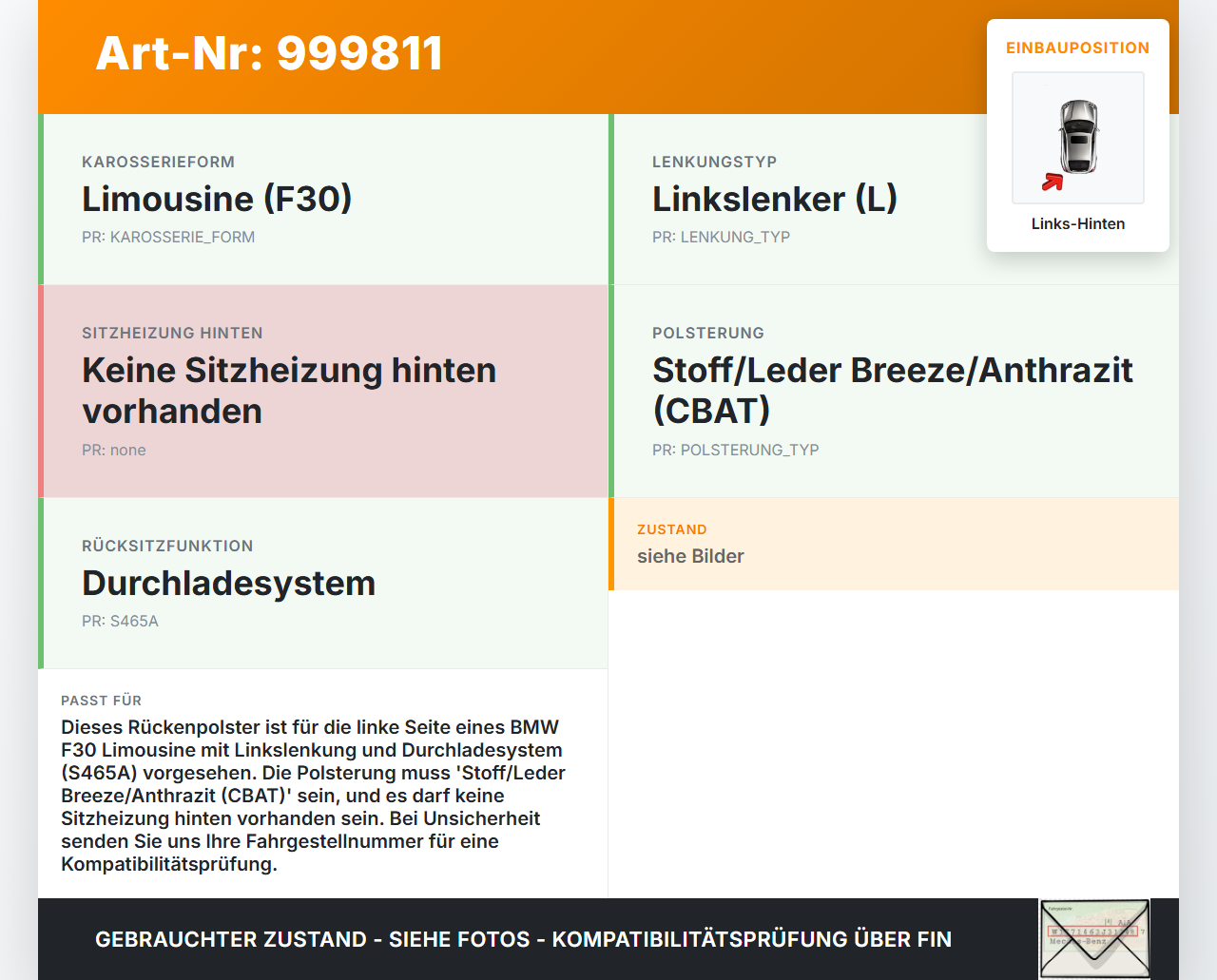 BMW F30 3er 316i 12-15 Lim Sitzbezug Rückenpolster Links für Rücksitzbank Hinten Armlehne BMW F30 3er 316i 12-15... Vorschau 3