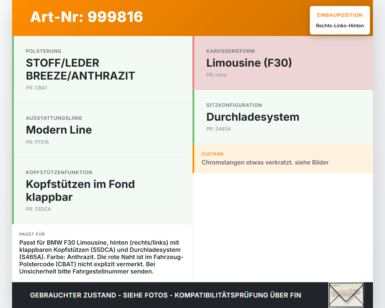 BMW F30 3er 316i 12-15 Kopfstütze Rechts oder Links Hinten rote Naht BMW F30 3er 316i 12-15 09.10.2013 7985082... Vorschau 3