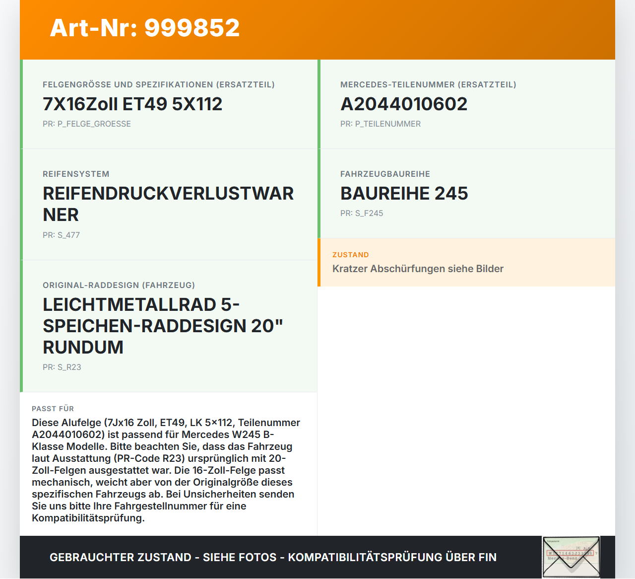 Mercedes W245 B200 06-08 1x Felge Alufelge 5X112 7X16Zoll ET49 Mercedes W245 B200 06-08 13.12.2006 A2044010602... Vorschau 3