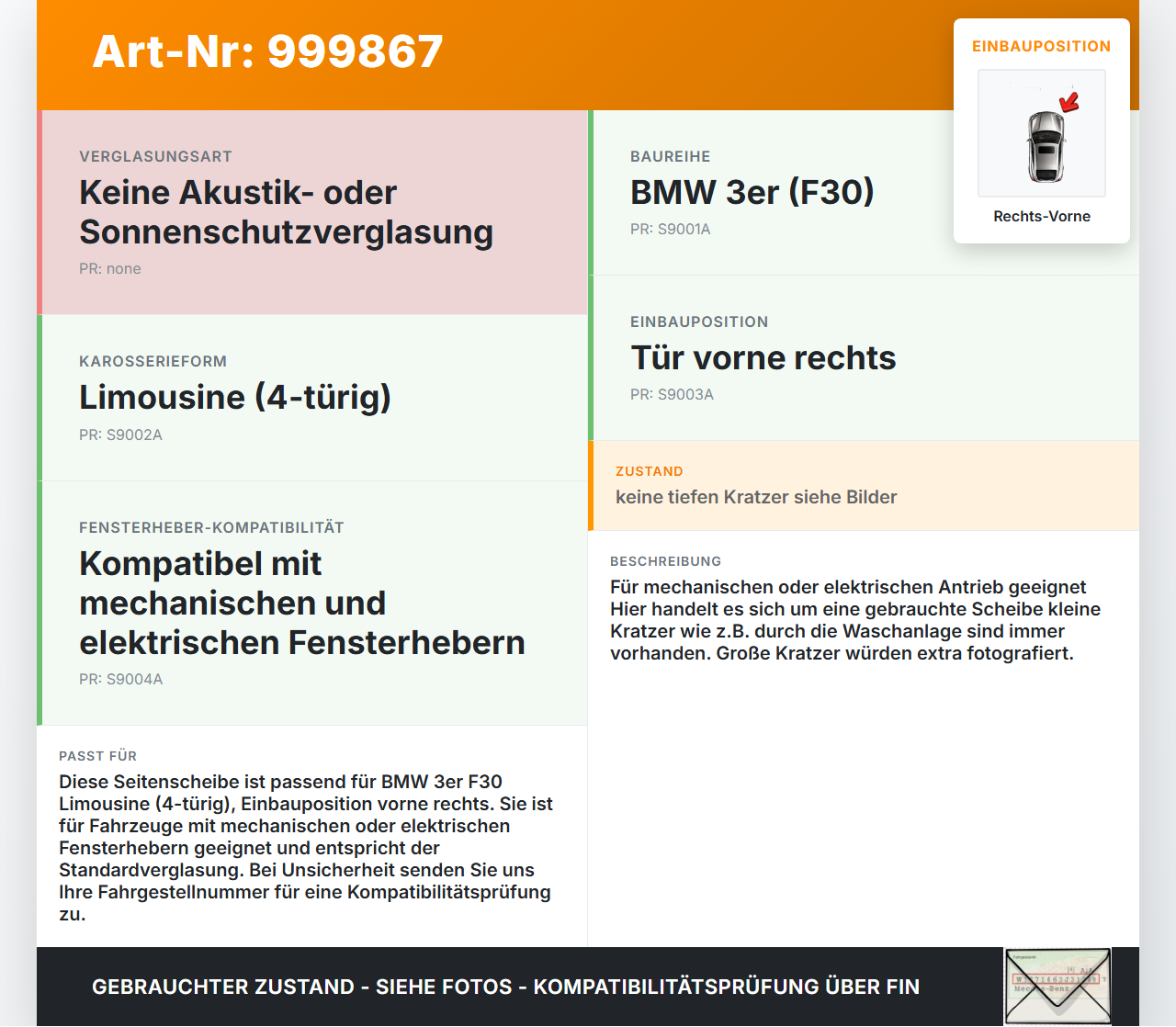BMW F30 3er 316i 12-15 Lim RVK Seitenscheibe für Tür Türscheibe Rechts Vorne BMW F30 3er 316i 12-15 09.10.2013... Vorschau 3