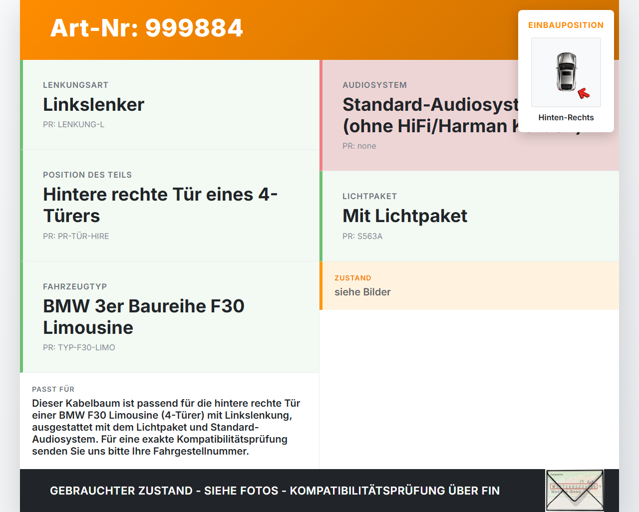 BMW F30 3er 316i 12-15 Lim Kabelbaum Türkabelbaum für Tür Hinten Rechts BMW F30 3er 316i 12-15 09.10.2013 9366761... Vorschau 3