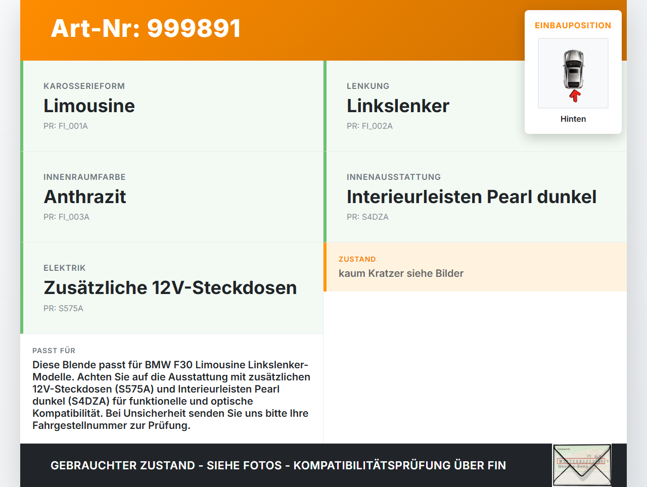 BMW F30 3er 316i 12-15 Blende Mittelkonsole Hinten mit Steckdose BMW F30 3er 316i 12-15 09.10.2013 9235494... Vorschau 3