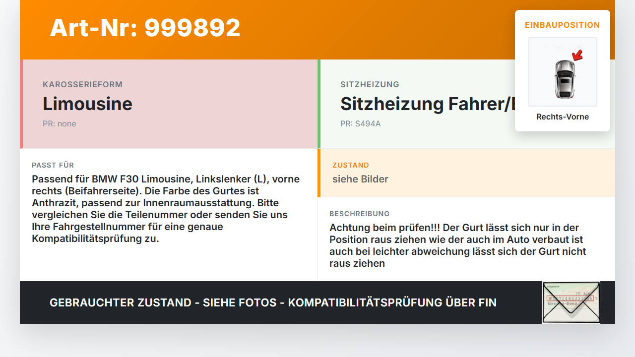 BMW F30 3er 316i 12-15 Lim Gurt Rechts Vorne BMW F30 3er 316i 12-15 09.10.2013 72117243308 7243308 34078319C 061262... Vorschau 3