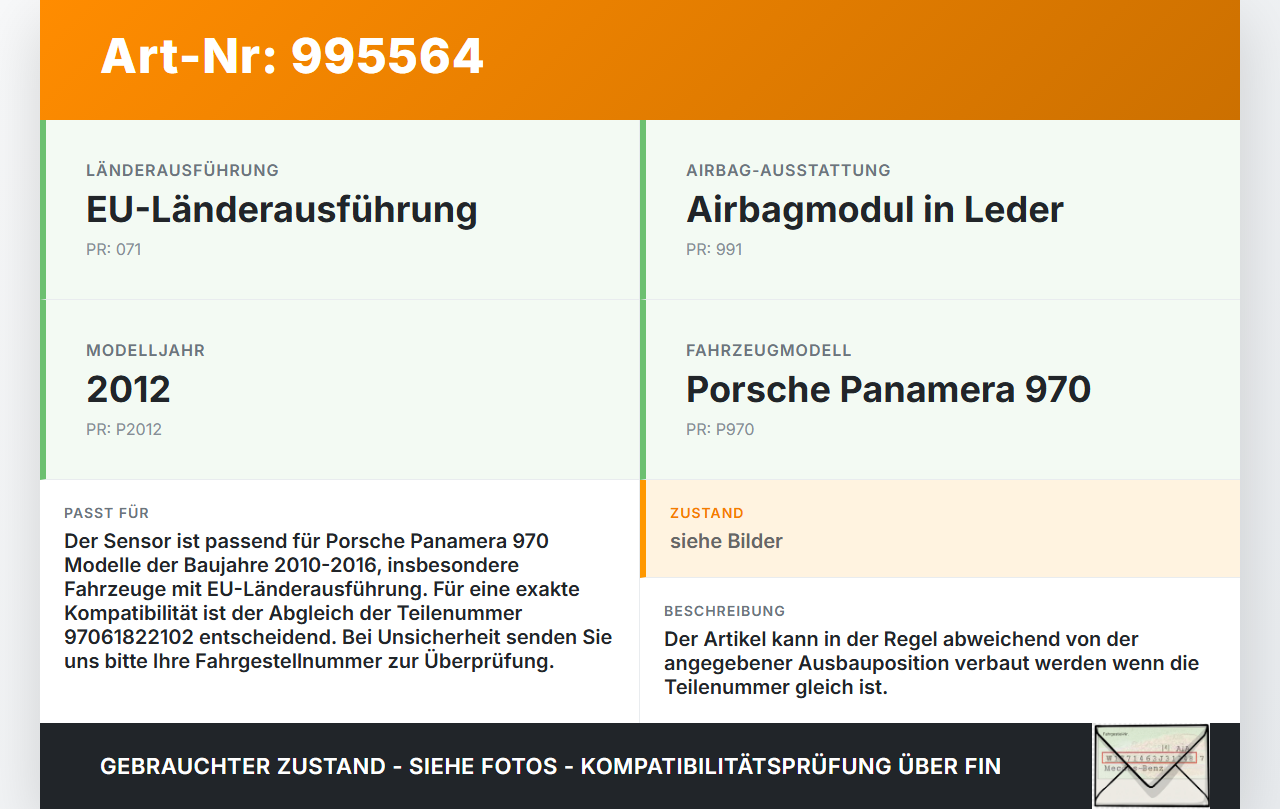Porsche Panamera 970 10-16 Sensor für Airbag Crashsensor Airbagsensor Porsche Panamera 970 10-16 19.08.2011... Vorschau 3