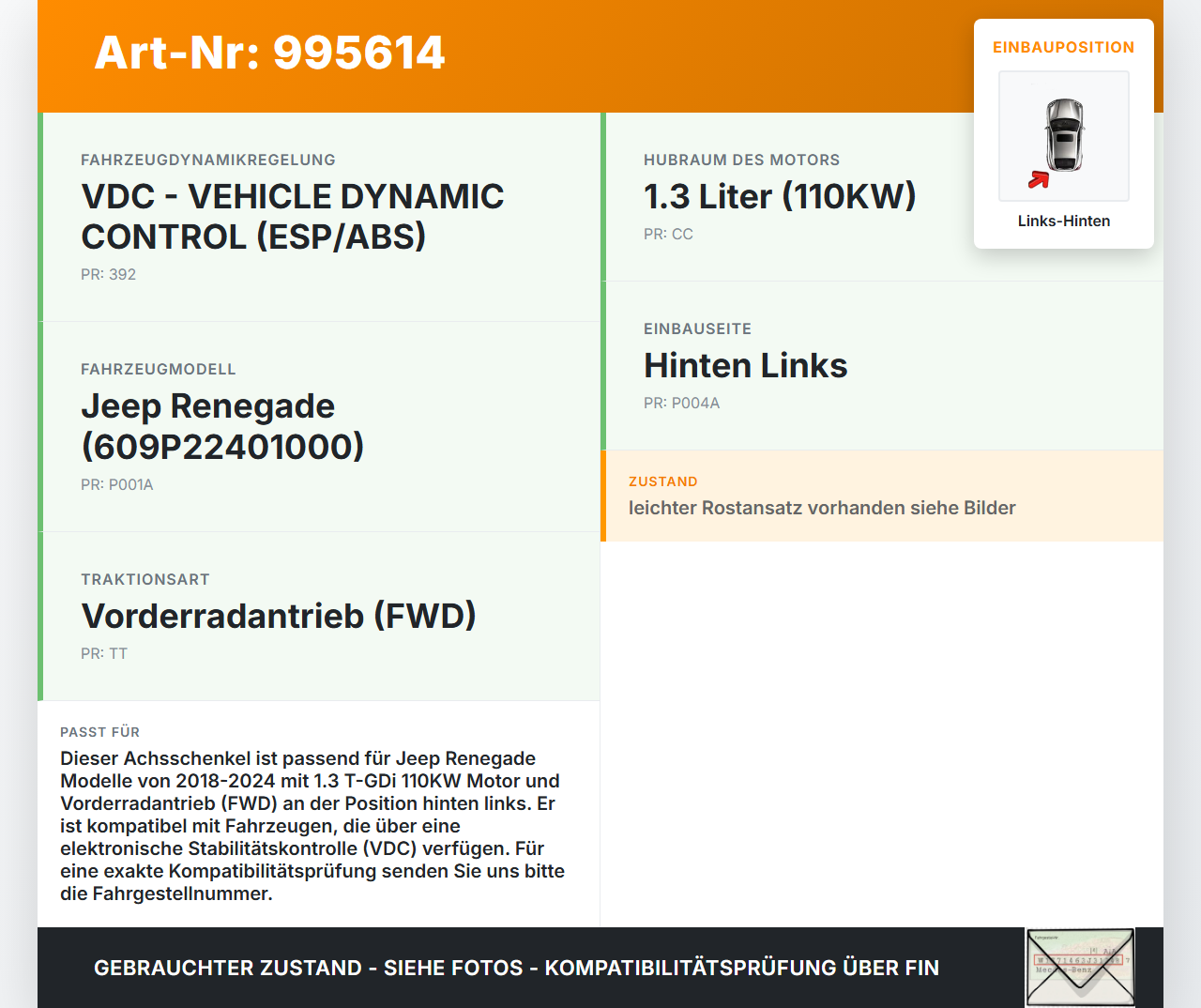 Jeep Renegade 18-24  T-GDi 1,3 110KW Achsschenkel Radnabe Links Hinten Jeep Renegade 18-24 23.01.2019 gebraucht Vorschau 3
