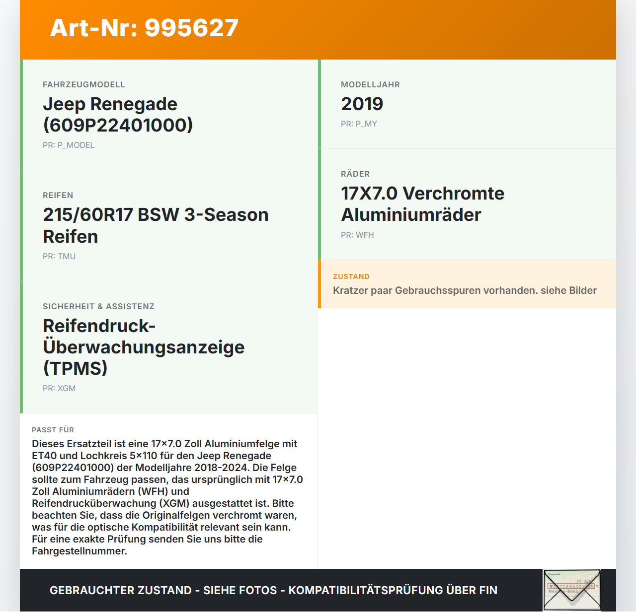 Jeep Renegade 18-24 1x Felge Alufelge 5X110 7X17Zoll ET40 Jeep Renegade 18-24 23.01.2019 735677742 gebraucht Vorschau 3