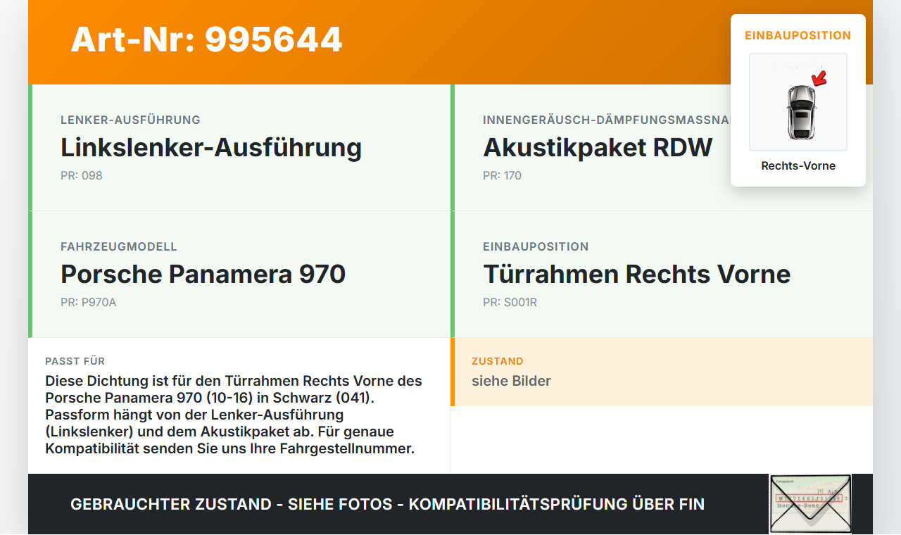 Porsche Panamera 970 10-16 Dichtung für Rahmen Tür Rechts Vorne Porsche Panamera 970 10-16 19.08.2011 97053626601... Vorschau 3