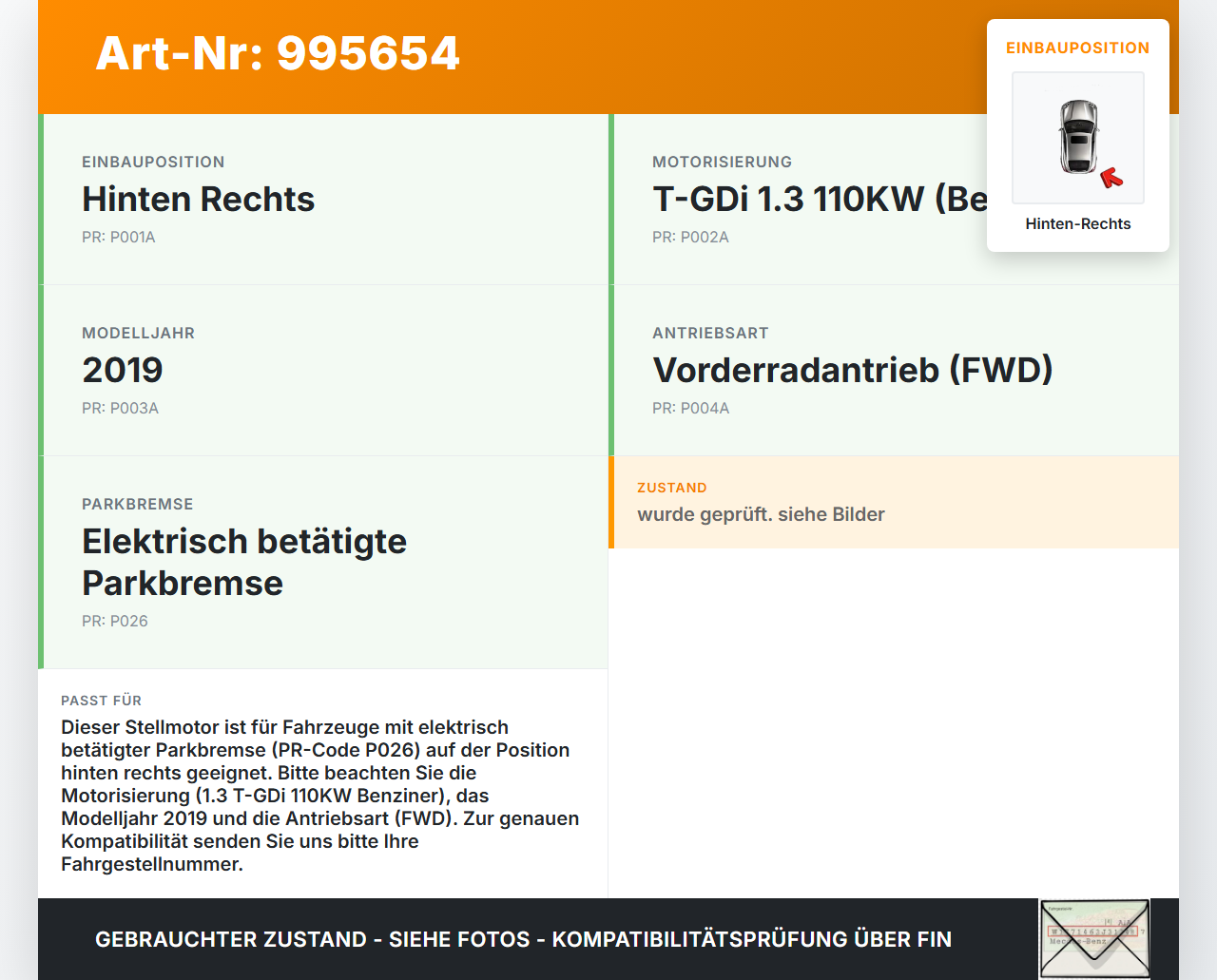 Jeep Renegade 18-24 T-GDi 1,3 110KW Stellmotor Parkbremse Bremssattel Hinten Rechts Jeep Renegade 18-24 23.01.2019... Vorschau 3